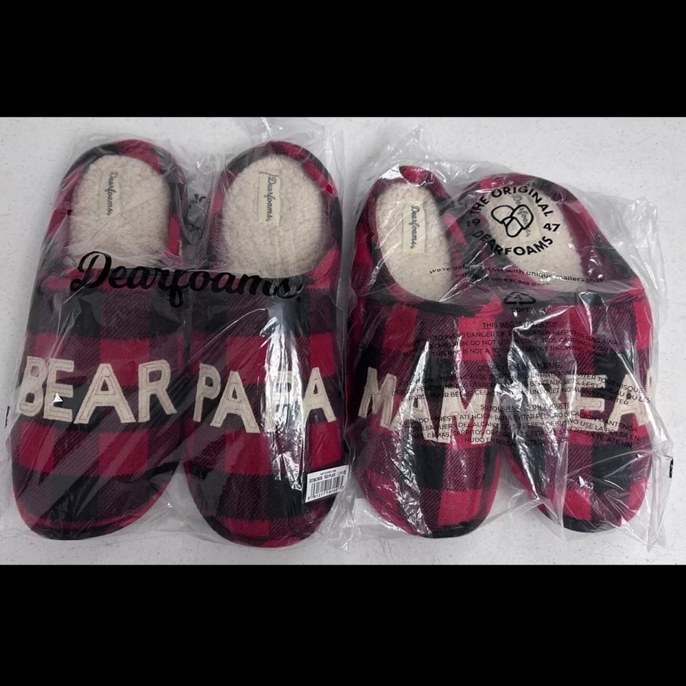 Dearfoam Slippers Red Buffalo Check Plaid PAPA MAMA BEAR NWT Christmas Holiday
